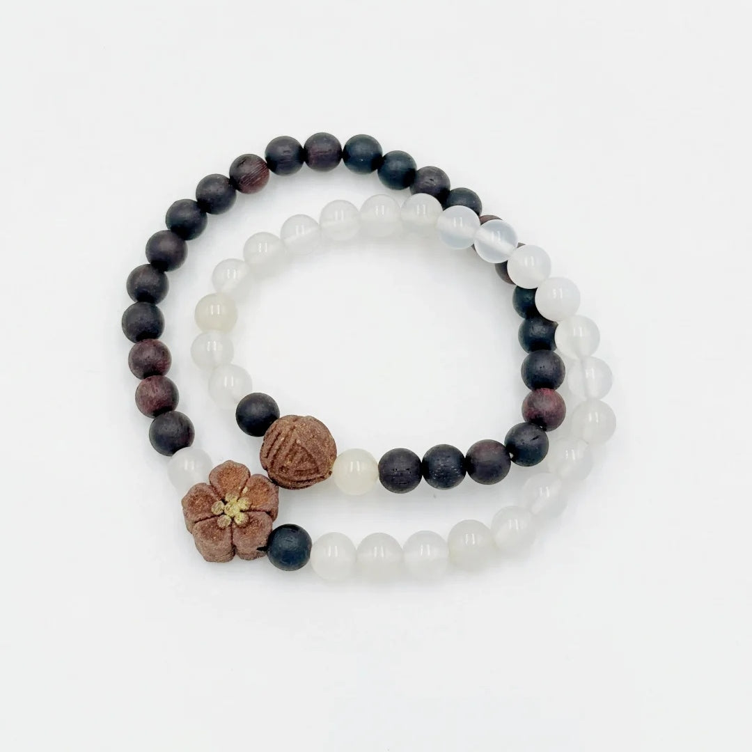 Tai Chi Wrist Mala with White Chalcedony and Agarwood